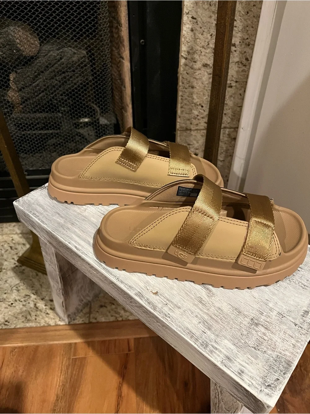 UGG Slide Sandals in Beige/Gold with adjustable straps